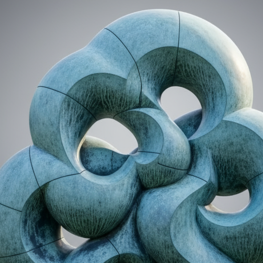 A modern abstract sculpture consisting of interconnected, hollow, rounded forms with a textured greenish-blue surface, mounted on a flat base.