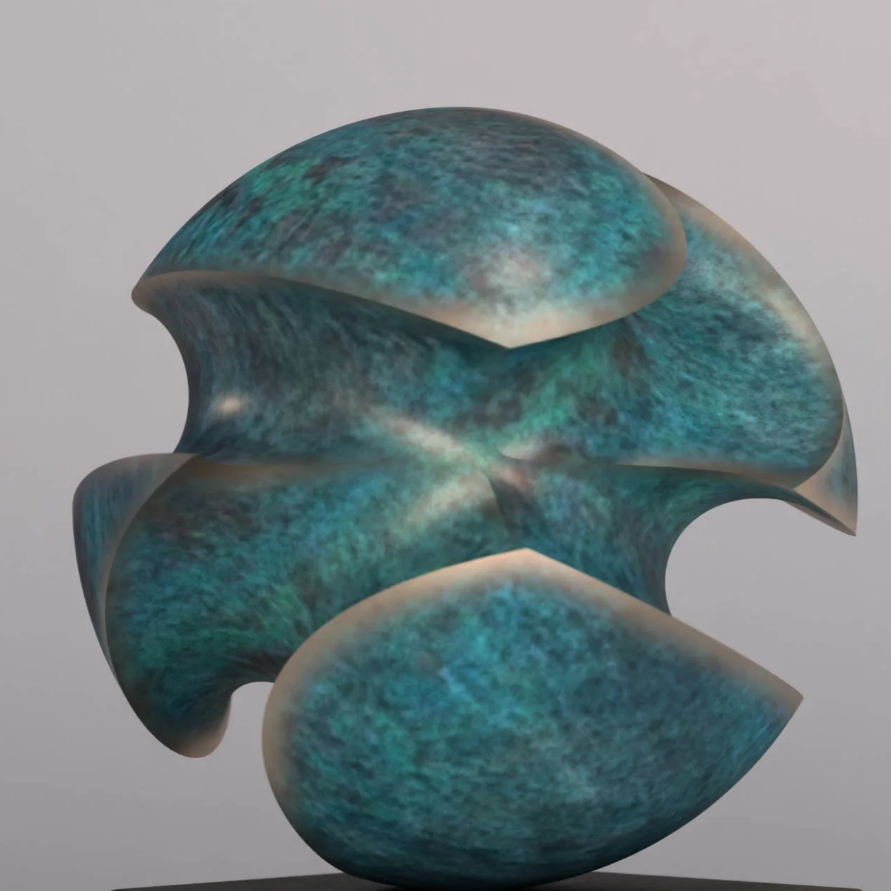 Abstract sculpture with a swirling, metallic surface featuring shades of blue, teal, and gray, mounted on a green marble base.