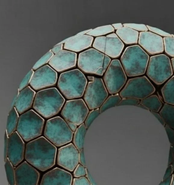 A sculpture resembling a torus, made of hexagonal tiles with a turquoise patina, mounted on a black pedestal.