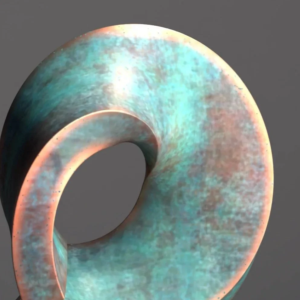 Sculpture resembling a spiral or helical shape with an iridescent surface in shades of teal, pink, and cream, mounted on a black rectangular base against a plain gray background.