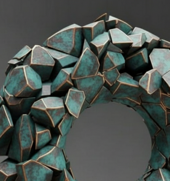 A modern sculpture resembling the letter 'O', composed of interlocking geometric rock-like pieces with a teal patina and gold outlines, mounted on a black rectangular base.