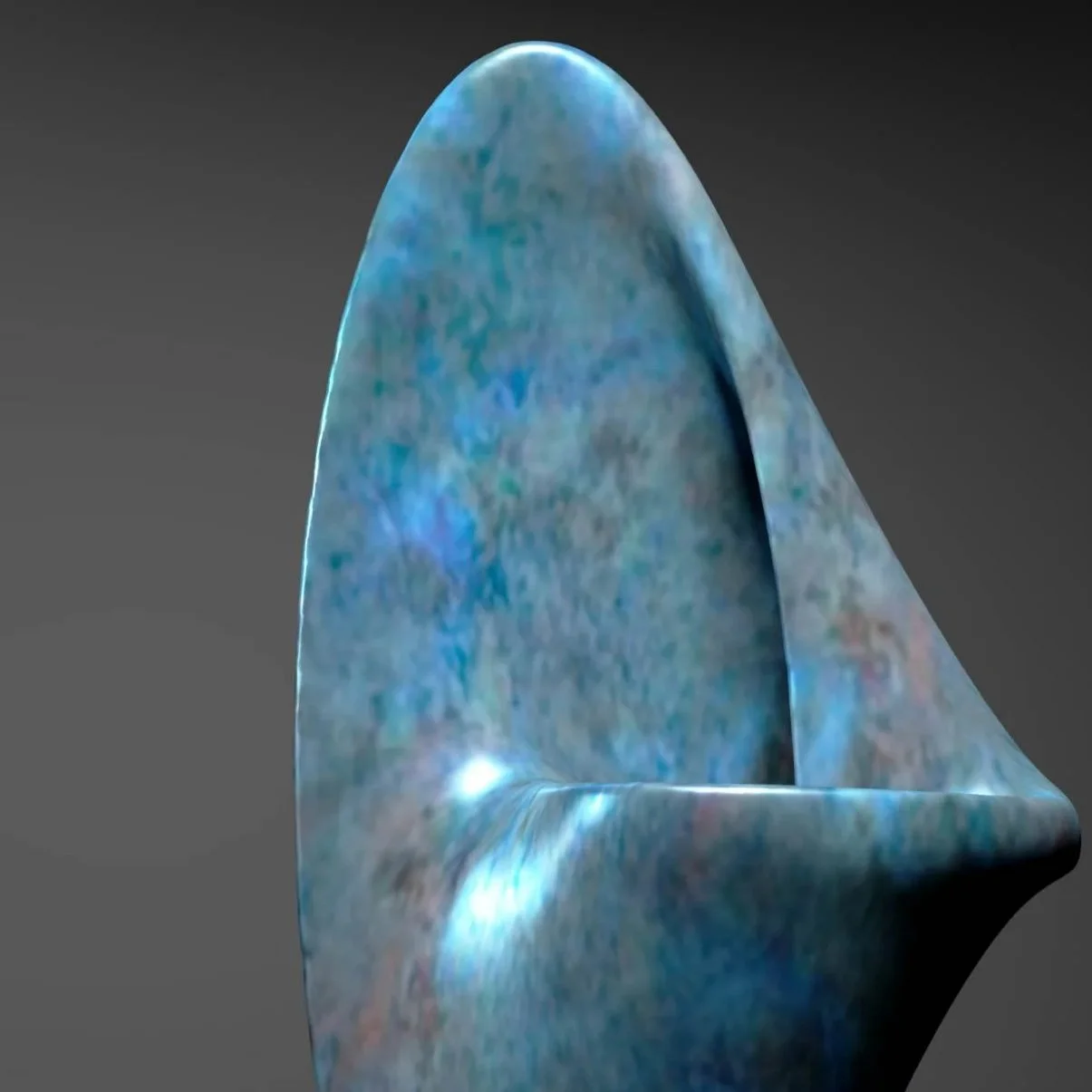 A modern sculpture resembling a blue, semi-translucent mountain or wave, mounted on a gray stone pedestal against a dark background.