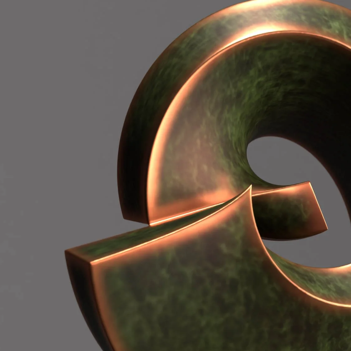 A metallic sculpture in the shape of the letter Q with a dark green textured finish and glowing bronze edges, displayed on a black pedestal against a gray background.