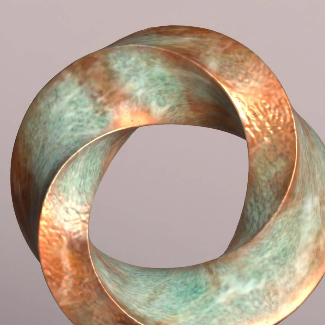 A sculpture made of metal with a copper toned exterior and a shiny, textured surface, mounted on a black rectangular base.