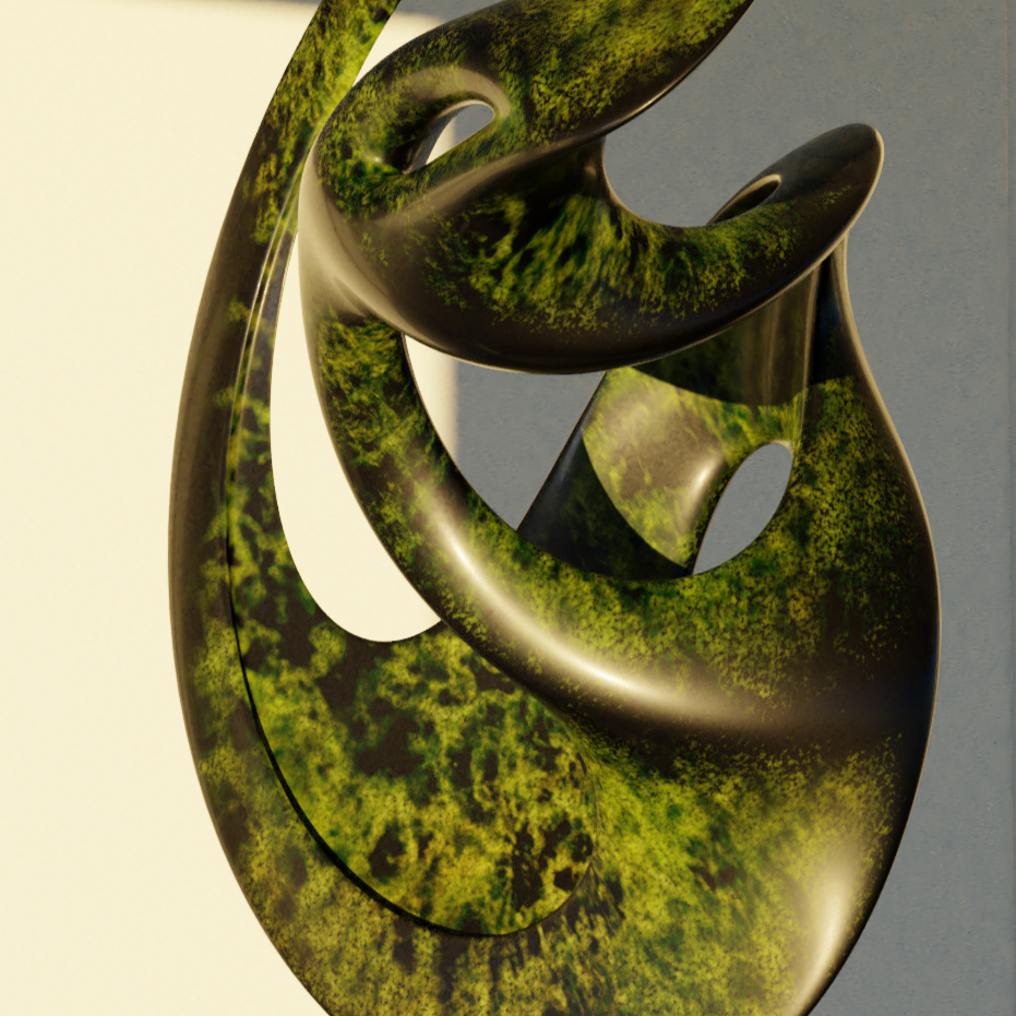 Artwork featuring a twisted, serpentine sculpture with a textured, green surface, set against a background of geometric shapes and contrasting colors.