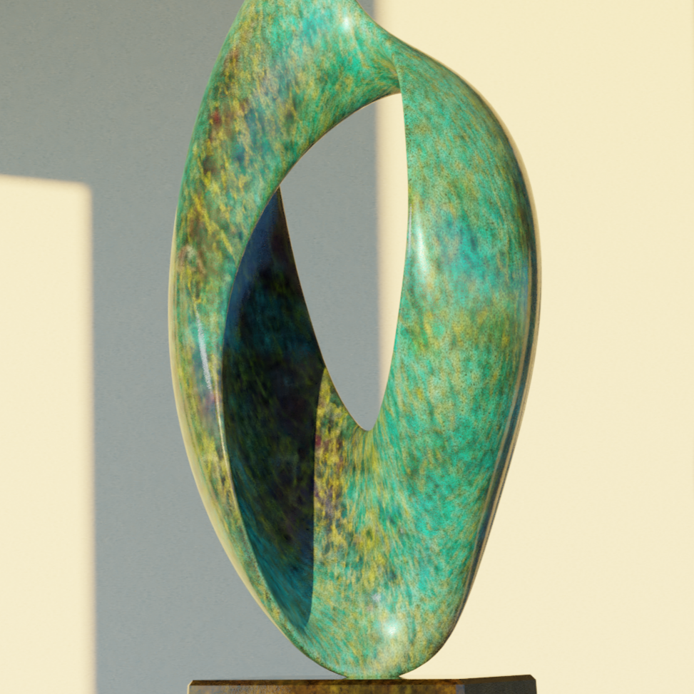 An abstract sculpture with an open circular shape, green and gold tones, standing on a rusty rectangular base, casting a shadow on a light background.