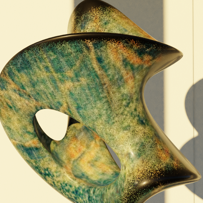 An abstract sculpture with a multicolored, textured surface, mounted on a square red base, casting a shadow on the wall behind it.