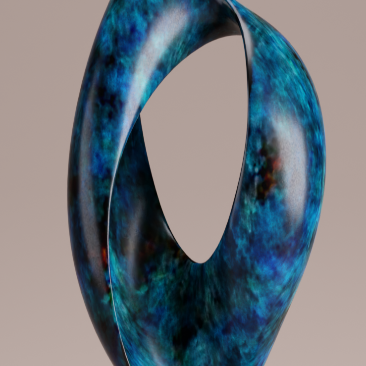 Contemporary abstract sculpture with a blue and black marbled pattern, mounted on a pedestal with green moss-like texture.