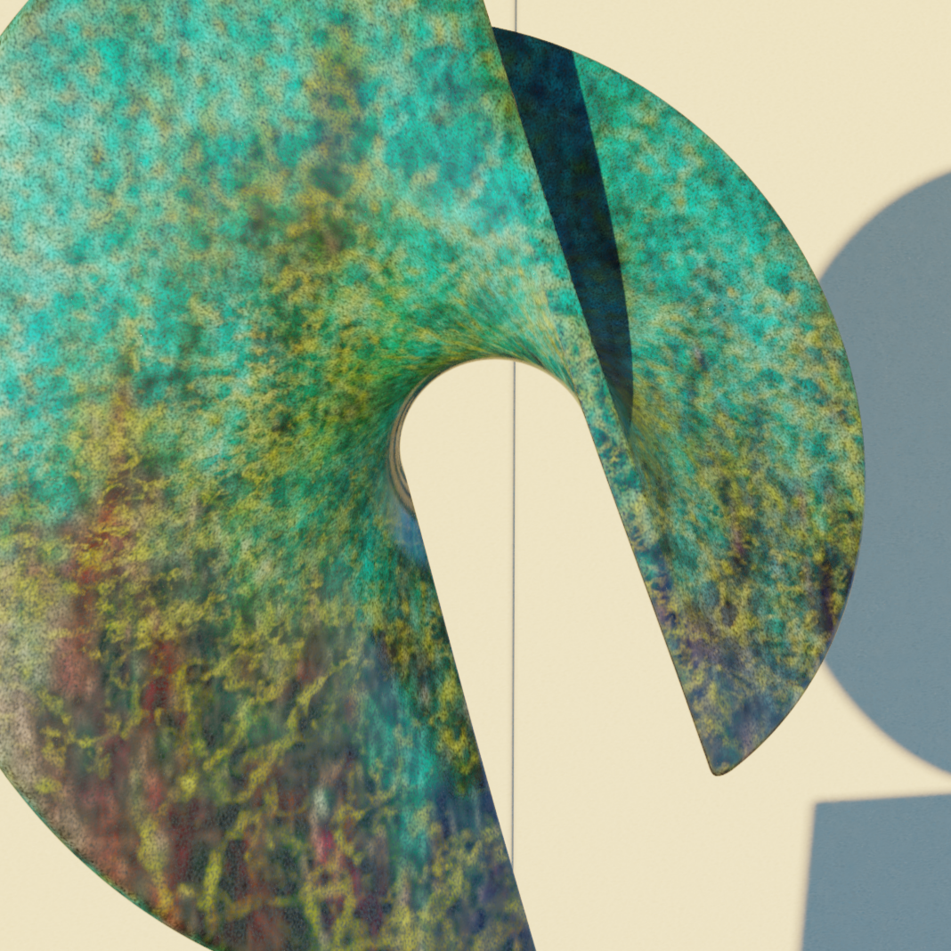 An abstract sculpture consisting of a multicolored, curved metal piece mounted on a rectangular granite base, with shadows cast on a light-colored wall.