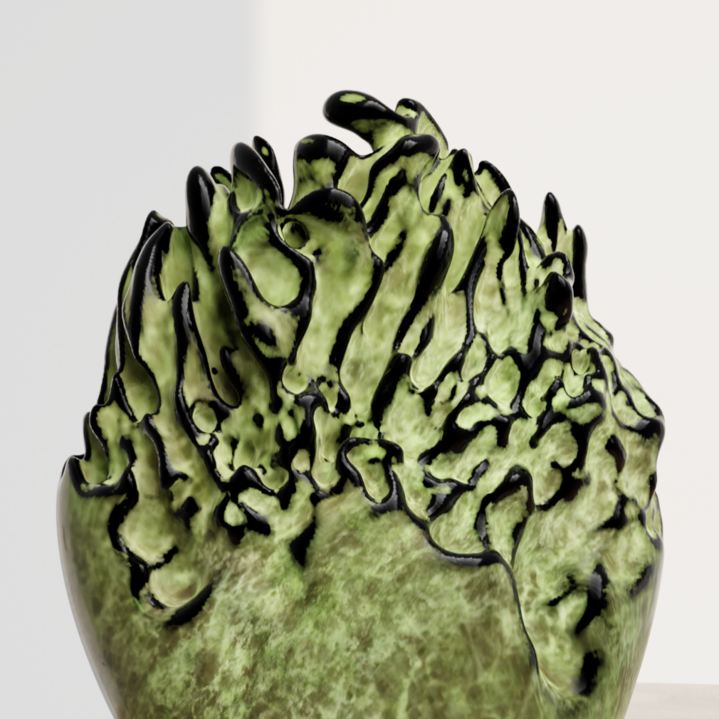 A green and black abstract sculpture resembling a blooming flower, displayed on a gray pedestal in an art gallery.