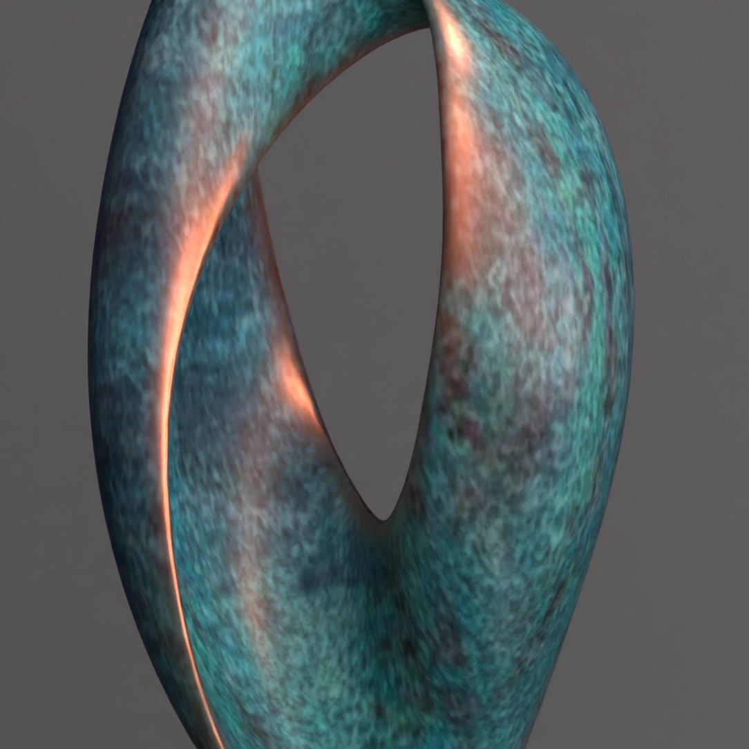 Abstract sculpture with a curved, elongated shape, colored in shades of blue, green, and copper, displayed on a dark pedestal against a gray background.