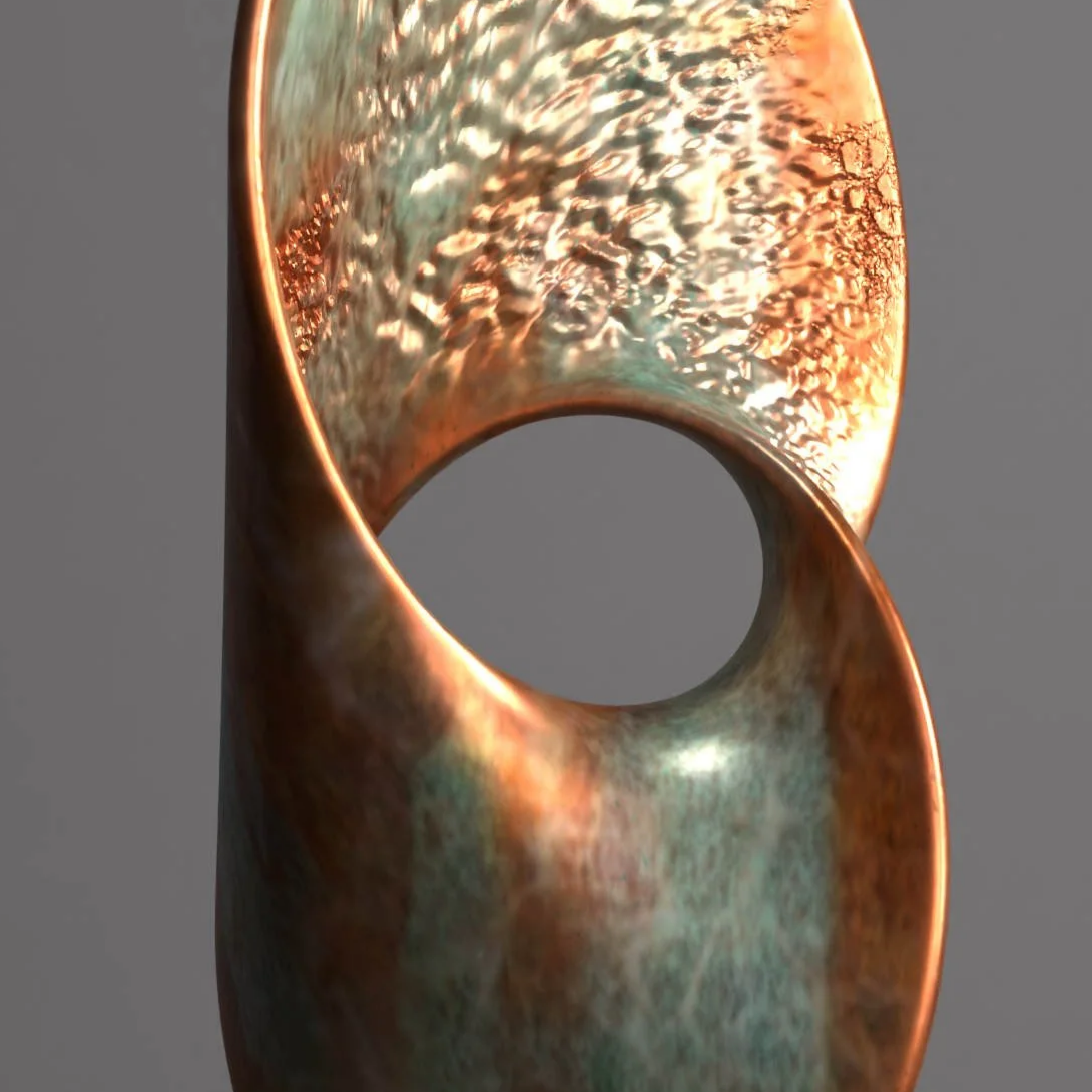 A metal sculpture with a textured, oxidized surface featuring a large, pointed, and curved shape mounted on a rectangular base.