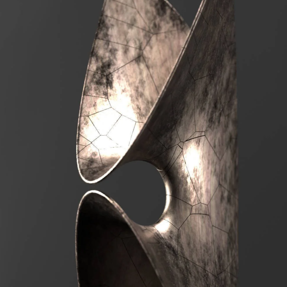 A modern sculpture made of textured metal panels, composed of several overlapping curved shapes, displayed on a concrete base against a dark background.