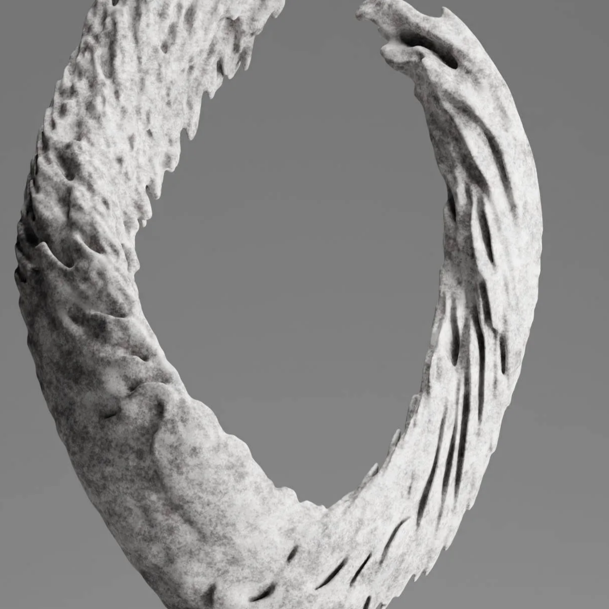 A modern sculpture of a stylized bird in white marble with textured feathers, mounted on a black base against a gray background.