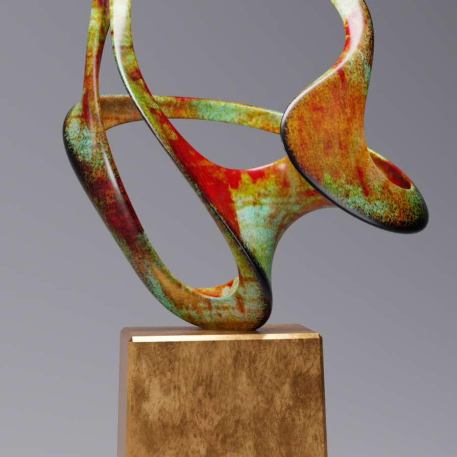 Colorful abstract sculpture on a beige pedestal against a plain gray background.