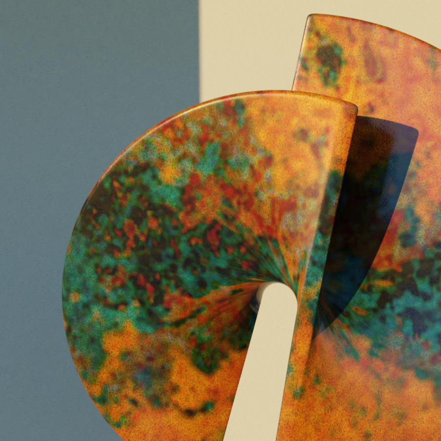 Abstract sculpture with colorful, textured, curved surfaces on a beige pedestal, cast shadows on a plain background.