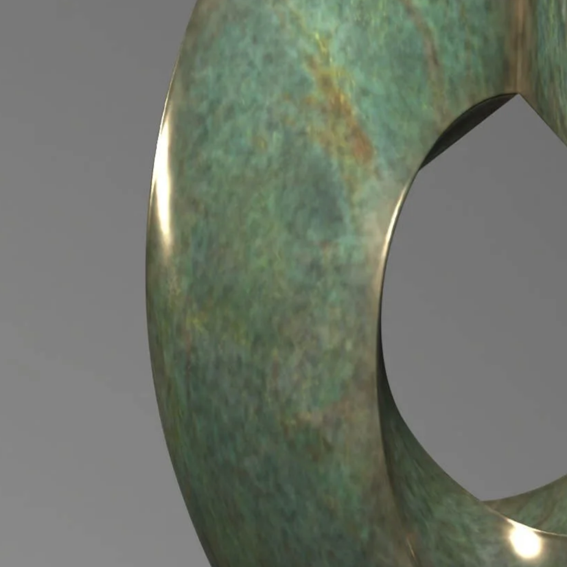 A sculpture of a semi-spherical shape with a textured, greenish patina surface mounted on a rectangular stone base.