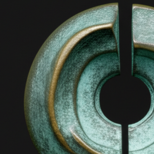 Abstract ceramic sculpture of a circular shape with split in the middle, mounted on a white pedestal, against a black background.