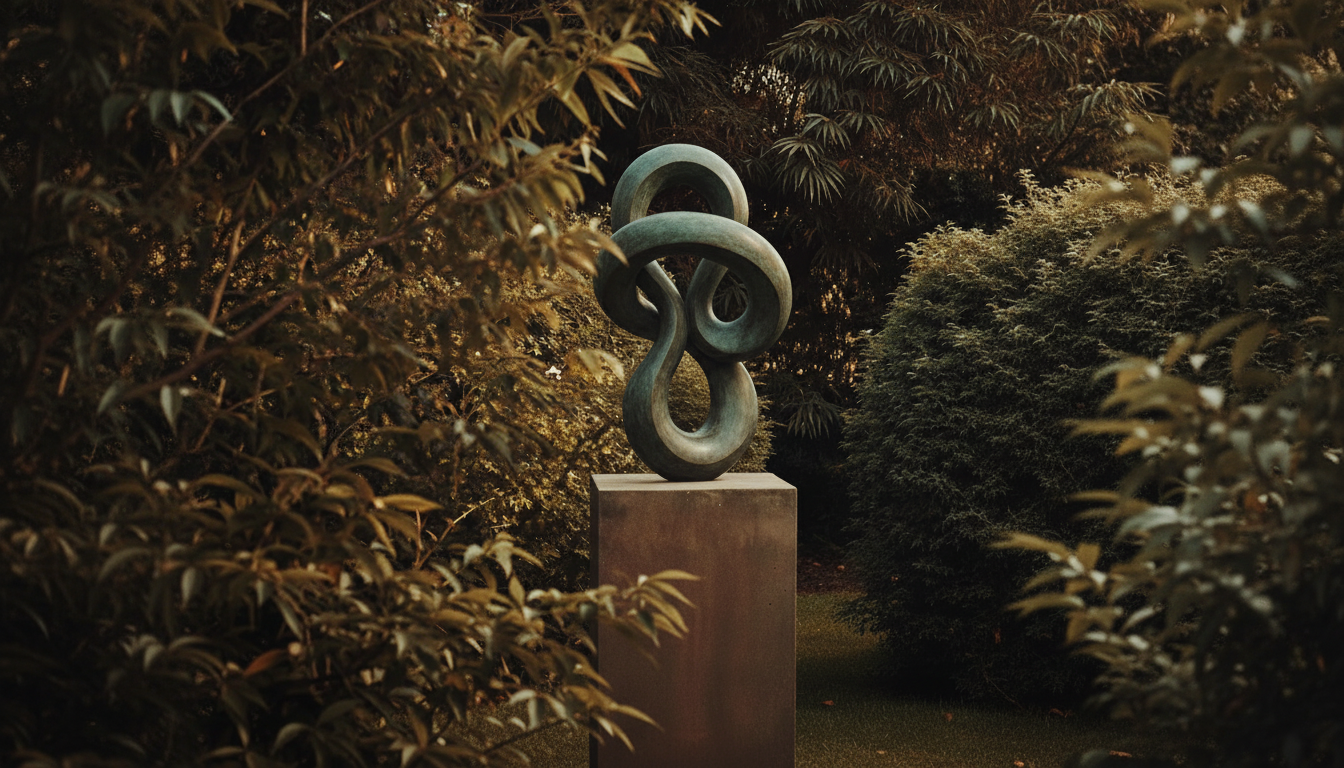 Modern abstract sculpture on a pedestal, surrounded by lush bushes and trees, at sunset.