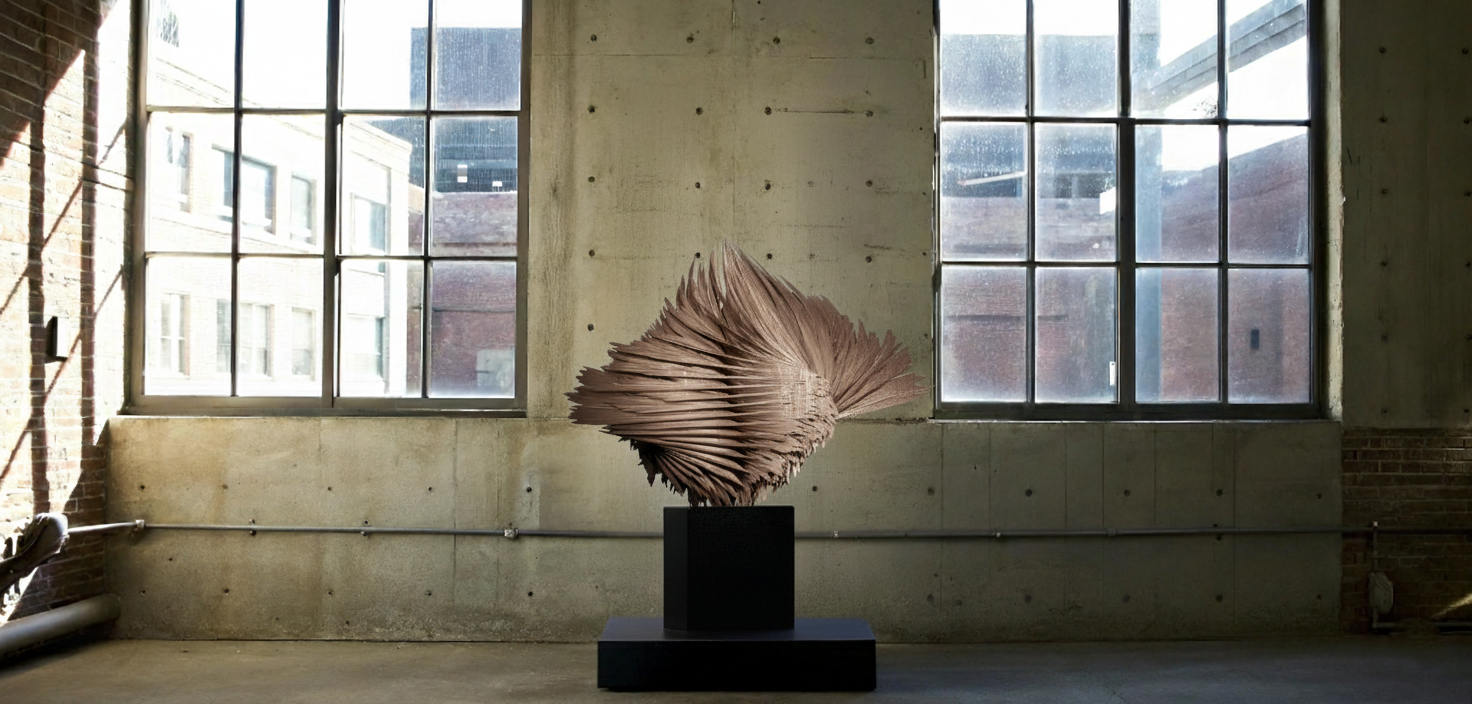 An abstract wooden sculpture on a black pedestal inside an industrial-style gallery with large windows showing buildings outside.