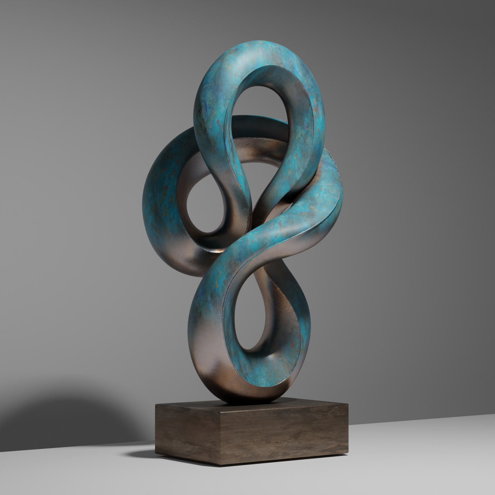 A modern abstract sculpture with interlocking loops, painted in a blue patina finish, mounted on a rectangular dark base.