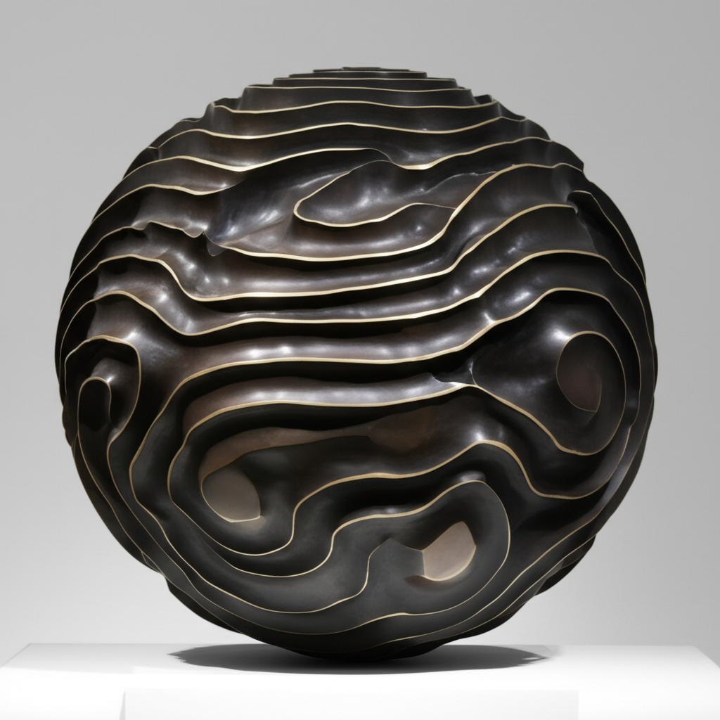 A black spherical sculpture with intricate, layered, wavy lines across its surface, displayed on a white pedestal.