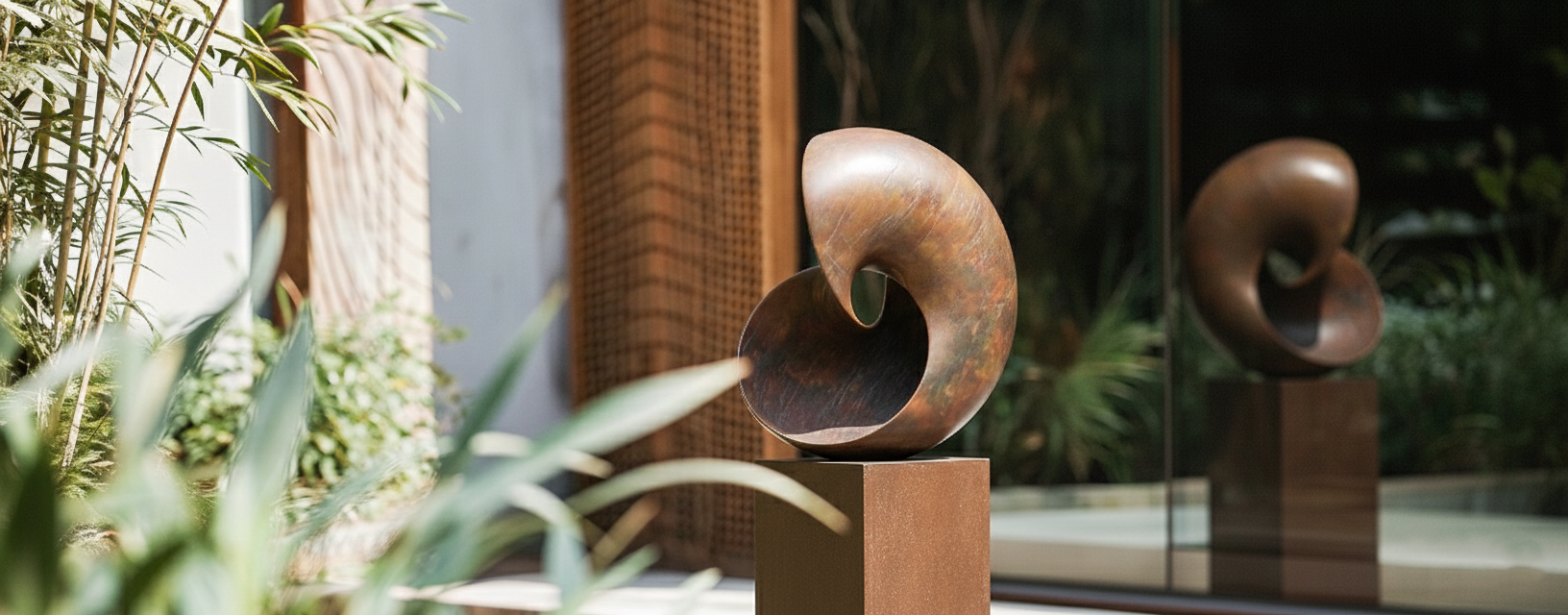 A bronze abstract sculpture with a hollow center displayed on a pedestal, situated indoors near a glass window with greenery outside.