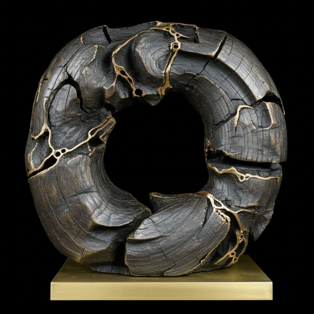 A circular sculpture made of dark wood with visible cracks and gold-colored veins, mounted on a gold-colored base, against a black background.