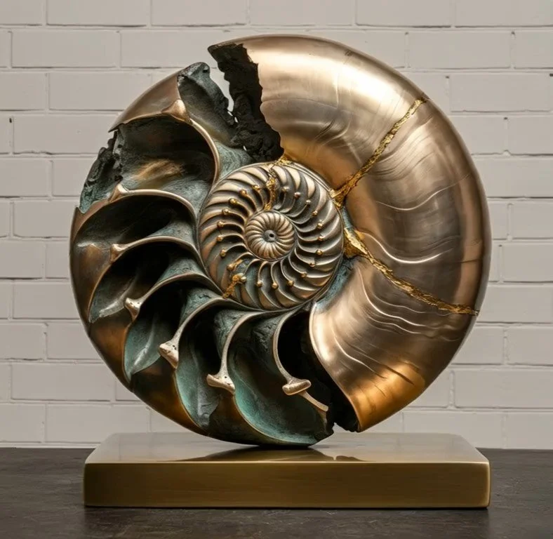 A metallic sculpture of a nautilus shell with a spiral pattern, gold and silver tones, and a cracked black segment, mounted on a rectangular base against a white brick wall.