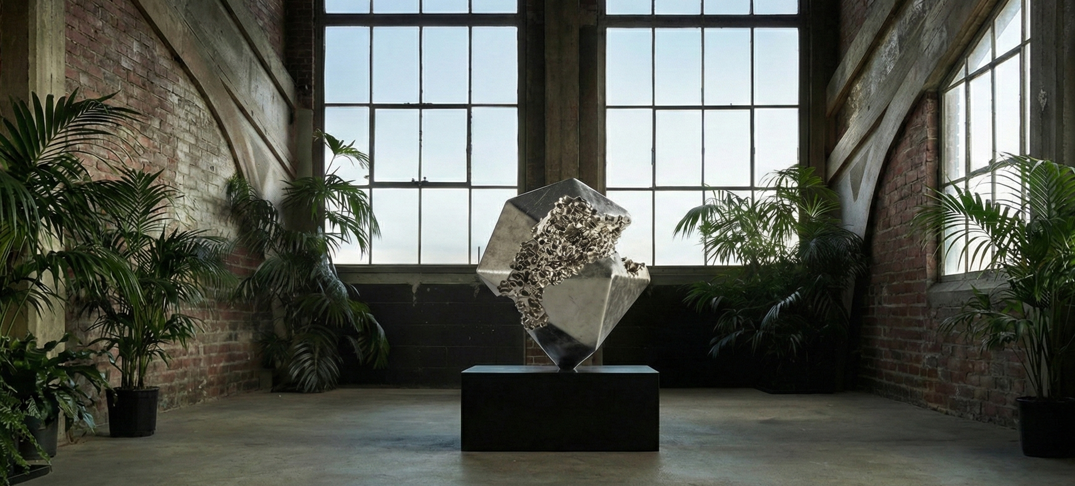 Art installation of a large, metallic, cube-shaped sculpture with abstract textured surfaces, placed on a black pedestal in an industrial-style room with brick walls, large windows, and potted green plants.