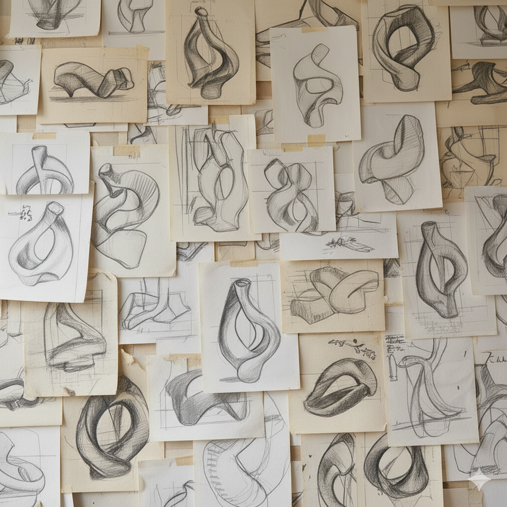 A wall covered with multiple sketches of abstract, organic-shaped sculpture or design concepts, drawn in pencil on small pieces of paper.