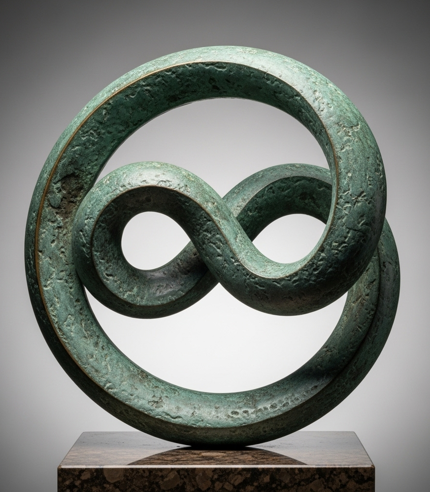 A bronze sculpture of an infinity symbol with a textured surface, mounted on a wooden base.