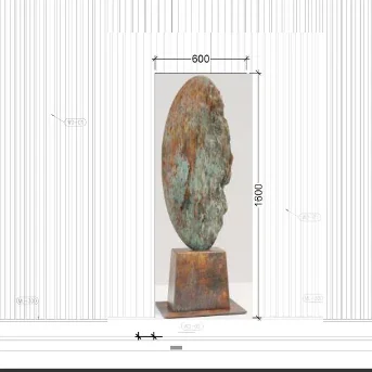 Large oval stone sculpture mounted on a rectangular pedestal, viewed from above with dimensions 600mm by 1600mm.