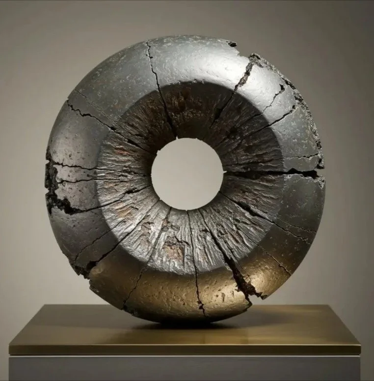 A large sculpture resembling a donut with a rough, cracked, metallic surface, displayed on a pedestal against a plain background.