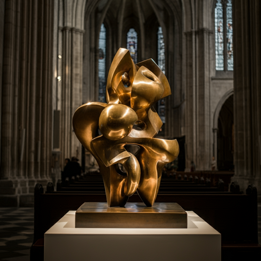 A modern golden sculpture with abstract forms displayed inside a stone cathedral with tall stained glass windows.