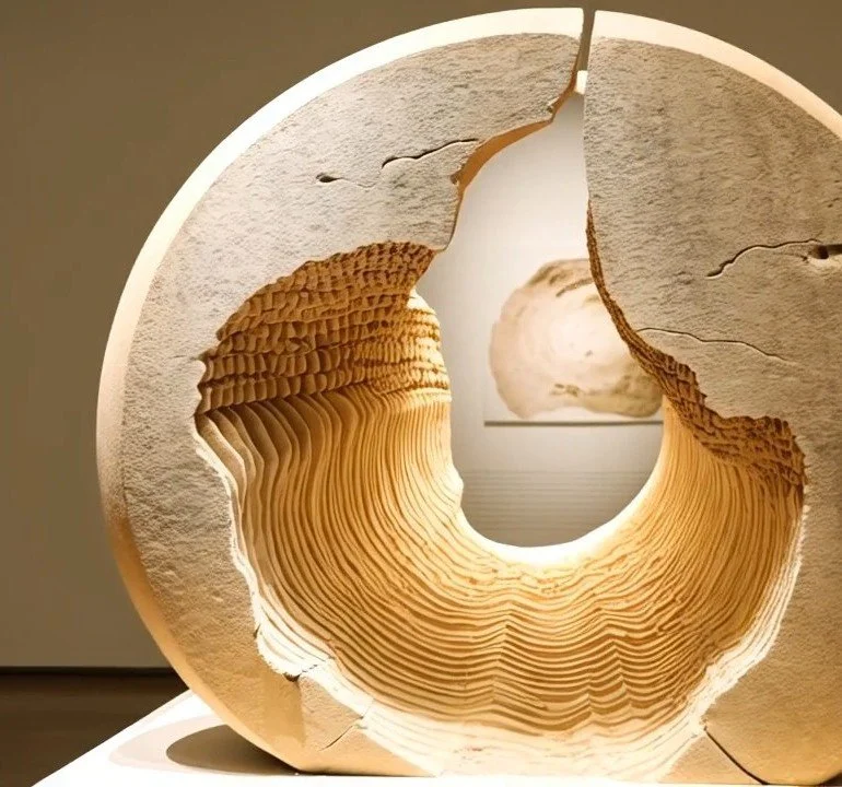 A circular art sculpture with layered, wavy interior design and cracked outer surface, displayed on a white pedestal.