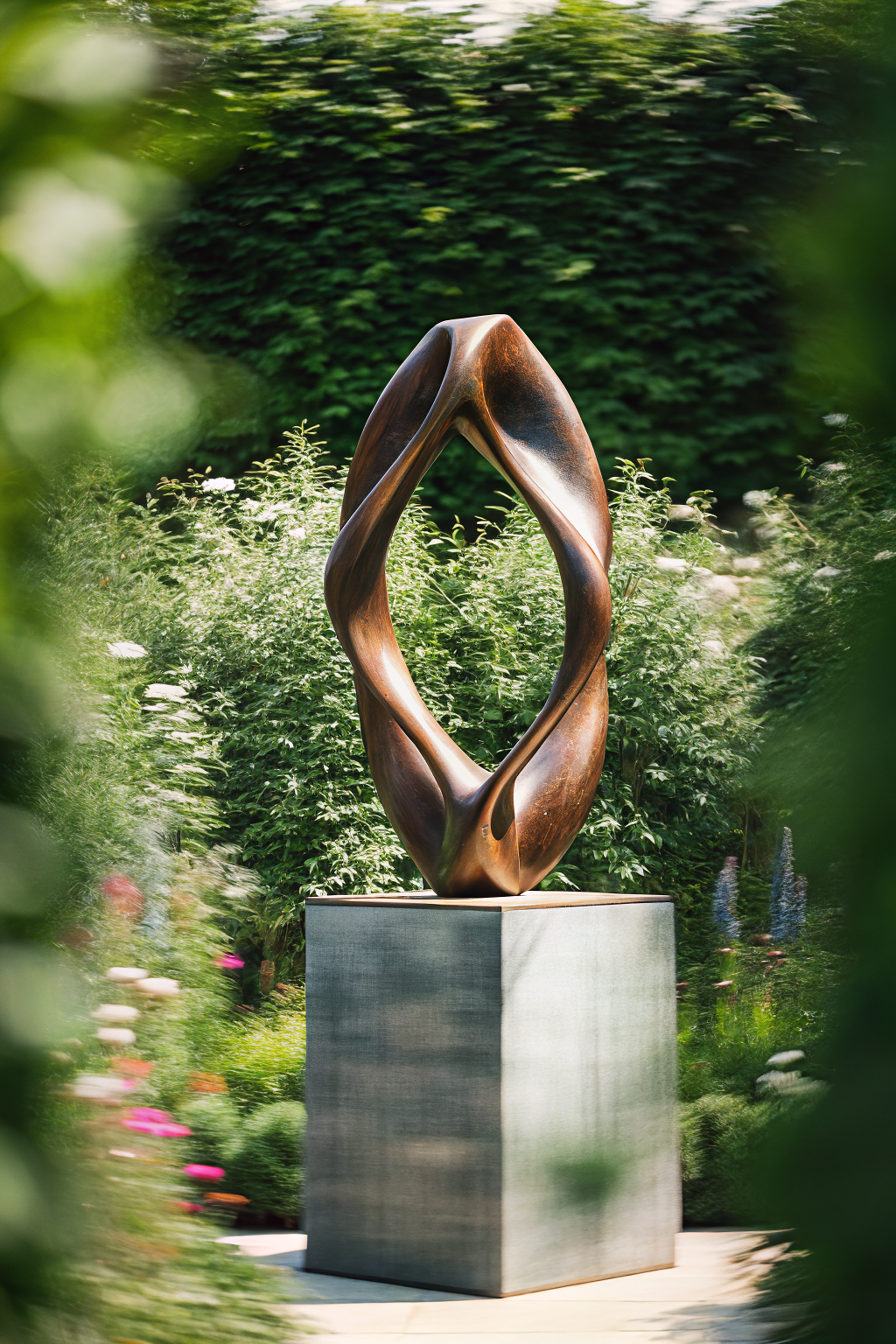 Bronze sculpture on a square pedestal in a lush garden with greenery and flowers.