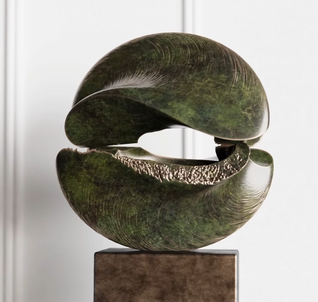 A modern sculpture of a large spherical shell with a glossy, textured surface, mounted on a rectangular base.