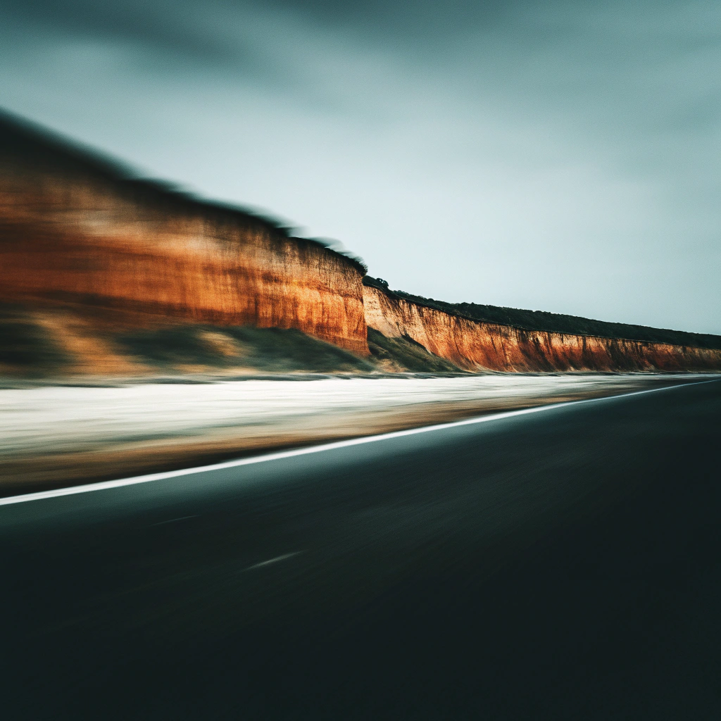 Blurred photo of a coastal highway with a red rocky cliff on the left, under a cloudy sky.