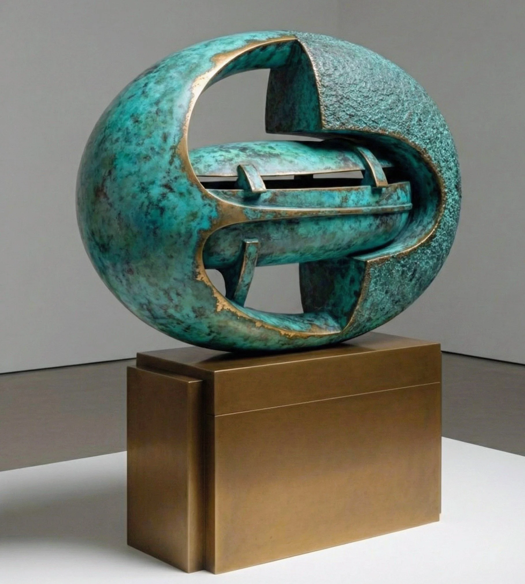 Bronze sculpture resembling a spherical shape with cutouts, mounted on a rectangular base.