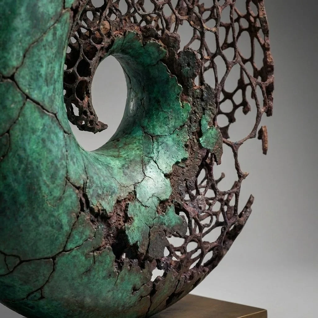 Close-up of an abstract metal sculpture with a circular shape, featuring green patina and intricate web-like patterns.