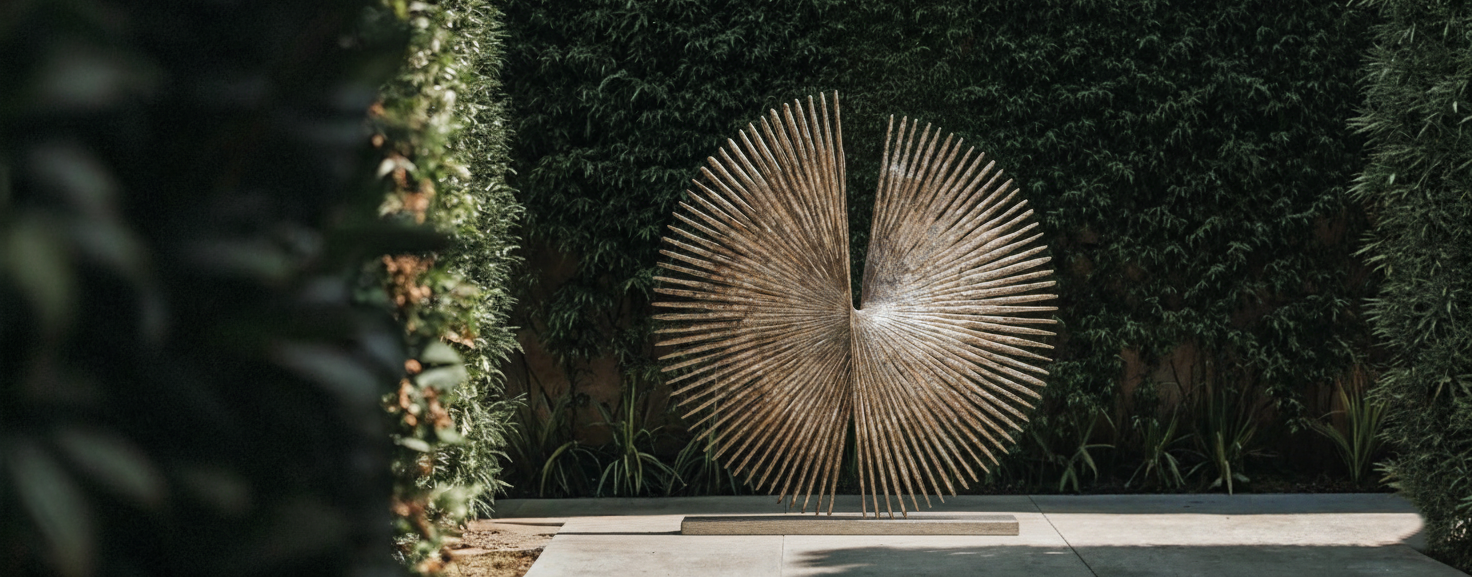 Outdoor sculpture made of wooden slats arranged in a circular pattern, resembling a partially open fan or flower, set against a background of green shrubbery.