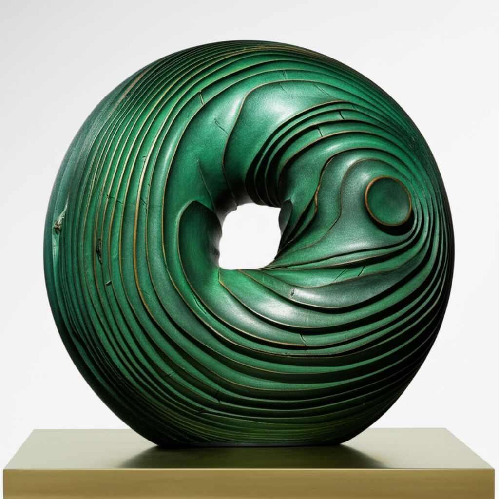Green abstract sculpture with circular and curved lines on a beige platform.