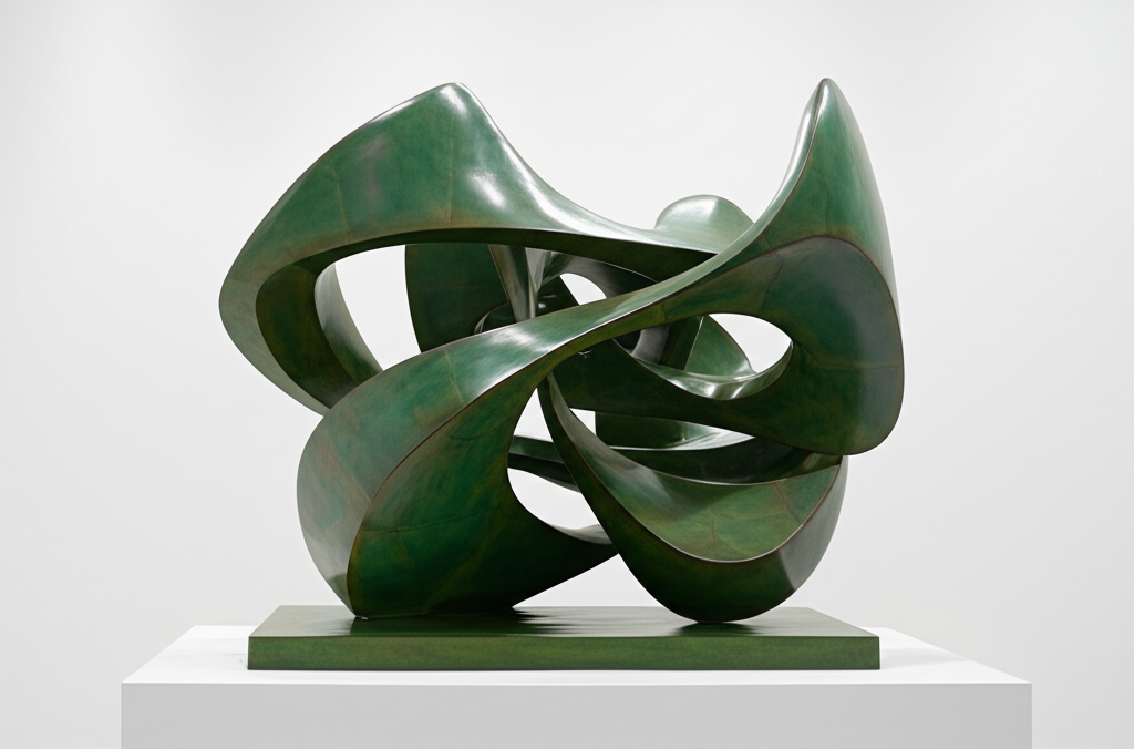 Green abstract metal sculpture with flowing, curved shapes on a white pedestal against a plain white background.