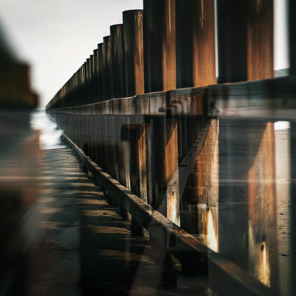 Close-up of a wooden railing or fence with vertical planks, with sunlight casting shadows on the wood, shown in a low angle shot.