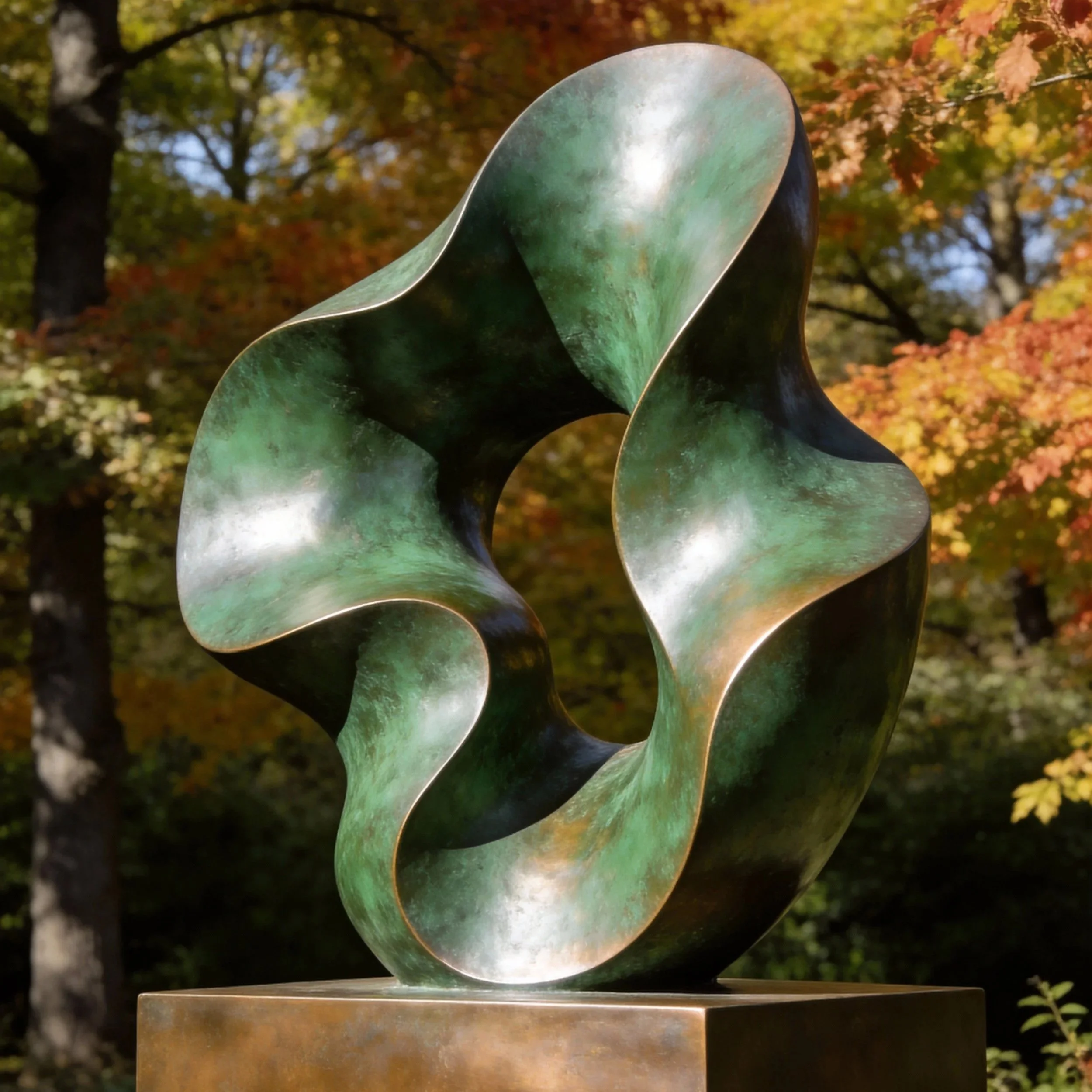 Abstract sculpture with flowing, curved shapes set outdoors amid autumn trees with colorful foliage.