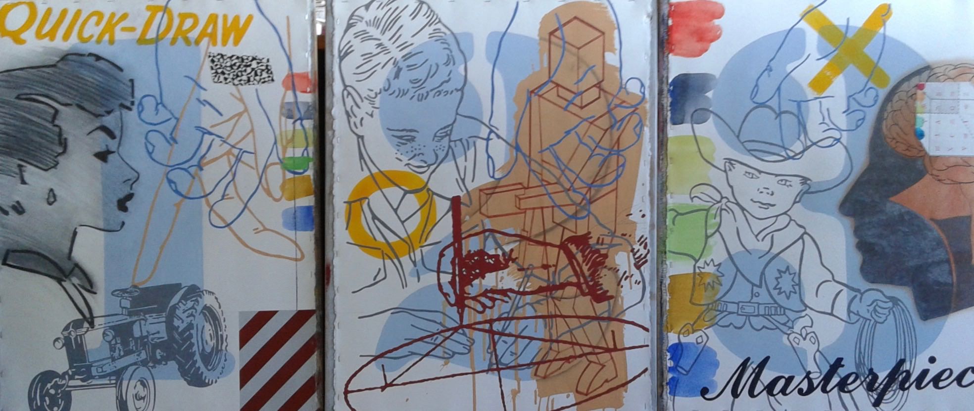 Three Thinking and Drawing Lessons , triptych, each panel 30 x 22 inches, mixed media on paper on board