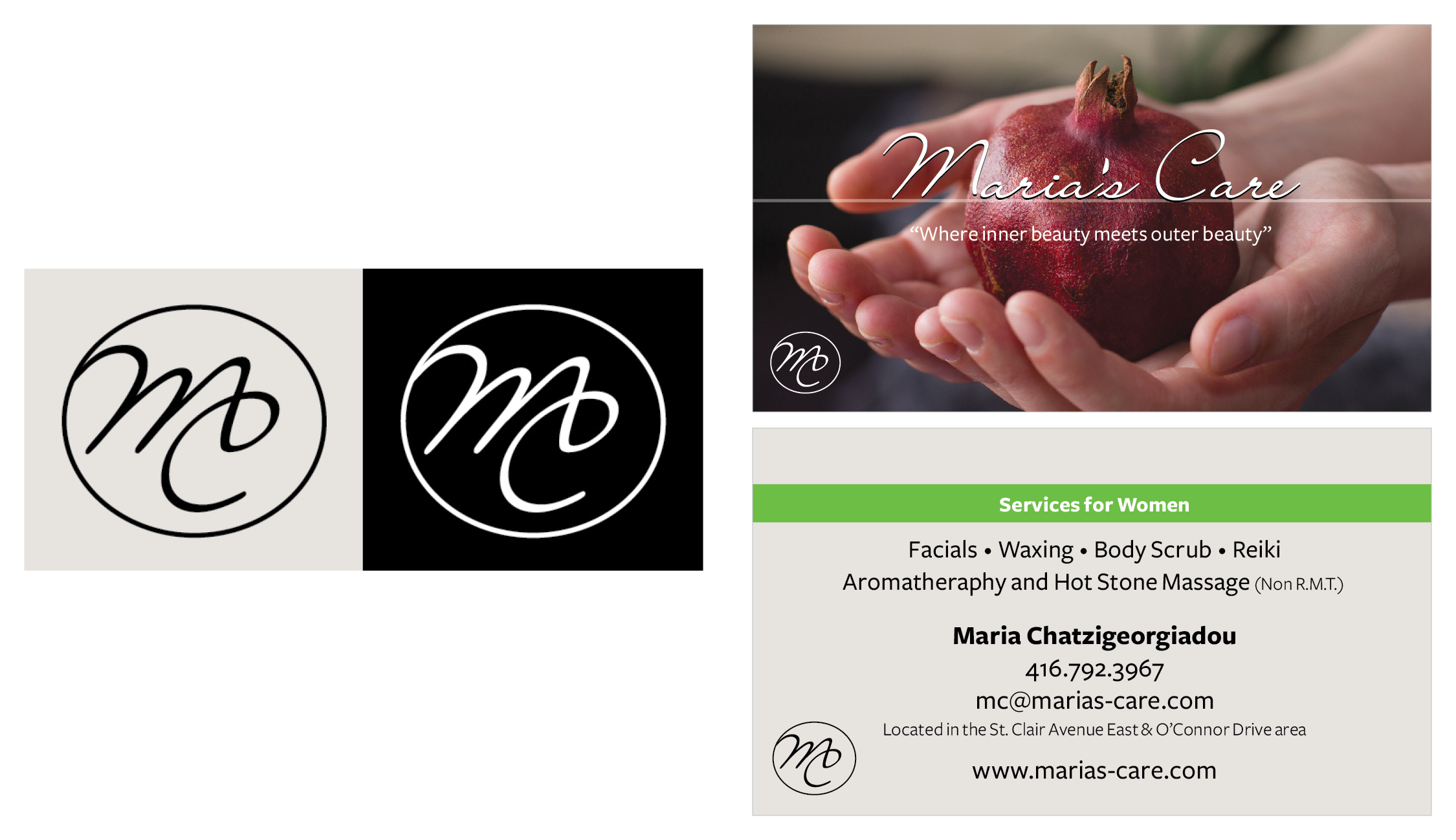  Maria’s Care logo and business card were designed for a personal services business. The concept was to project a self-care, healing, and welcoming feel. Also set-up a photography shoot for the image applied on the business card and website layout im