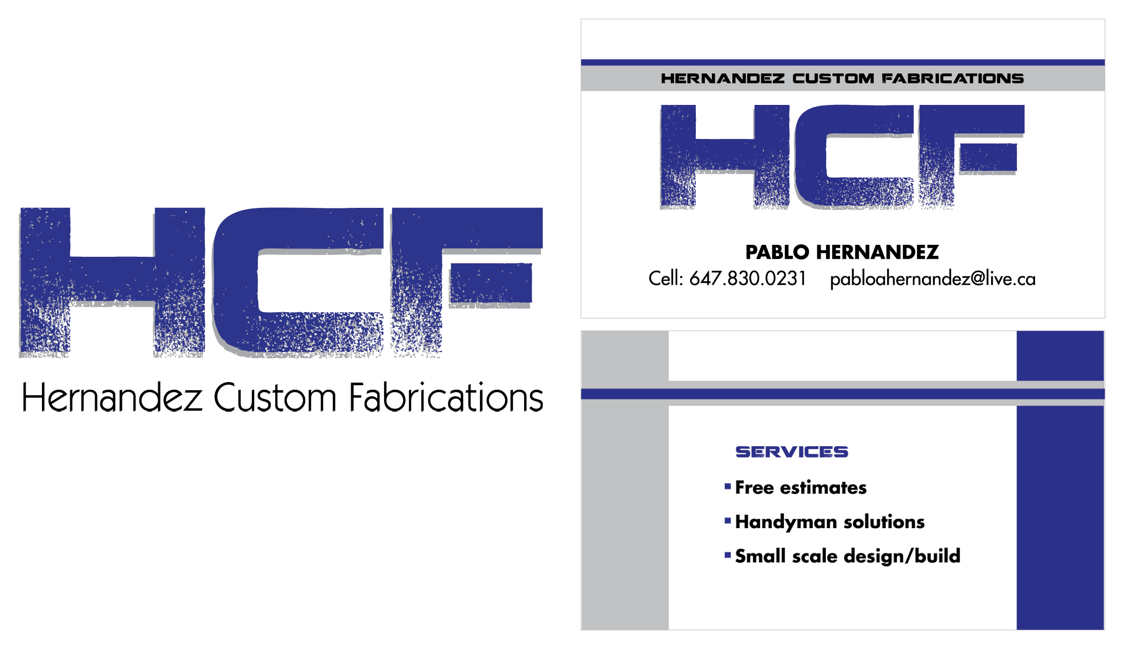  Hernandez Custom Fabrications is an independent contractor business. The concept behind the logo and business card is to reflect construction and repair material patterns.    Role:  Concept design and layout  Client:  Hernandez Custom Fabrications  