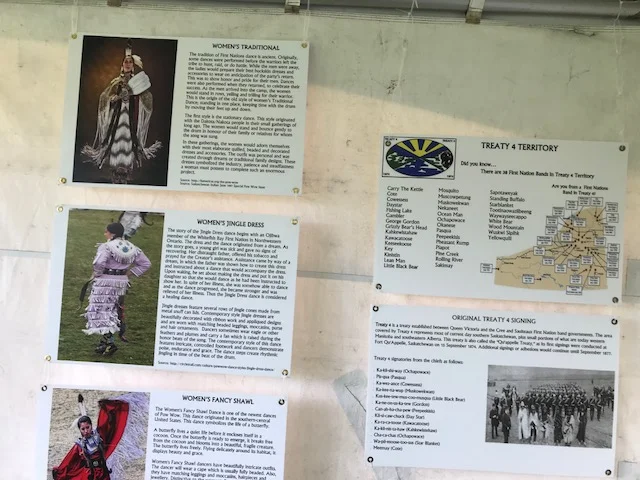 Educational displays on Women's Traditional Dancing and the history of Treaty 4.